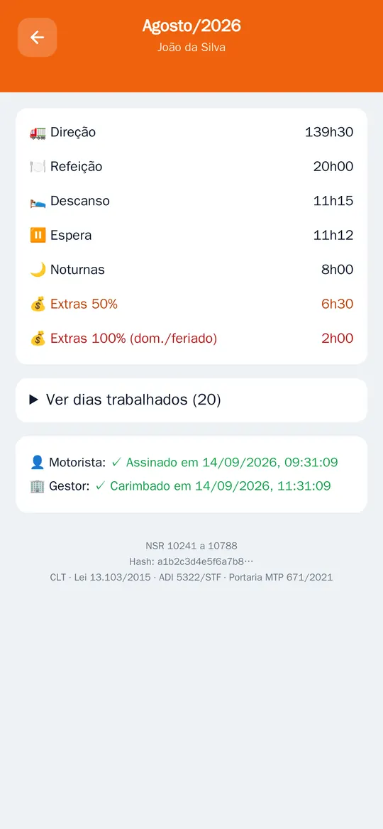 Folha de ponto do motorista no celular, com horas de direção, refeição e descanso, assinada pelo motorista