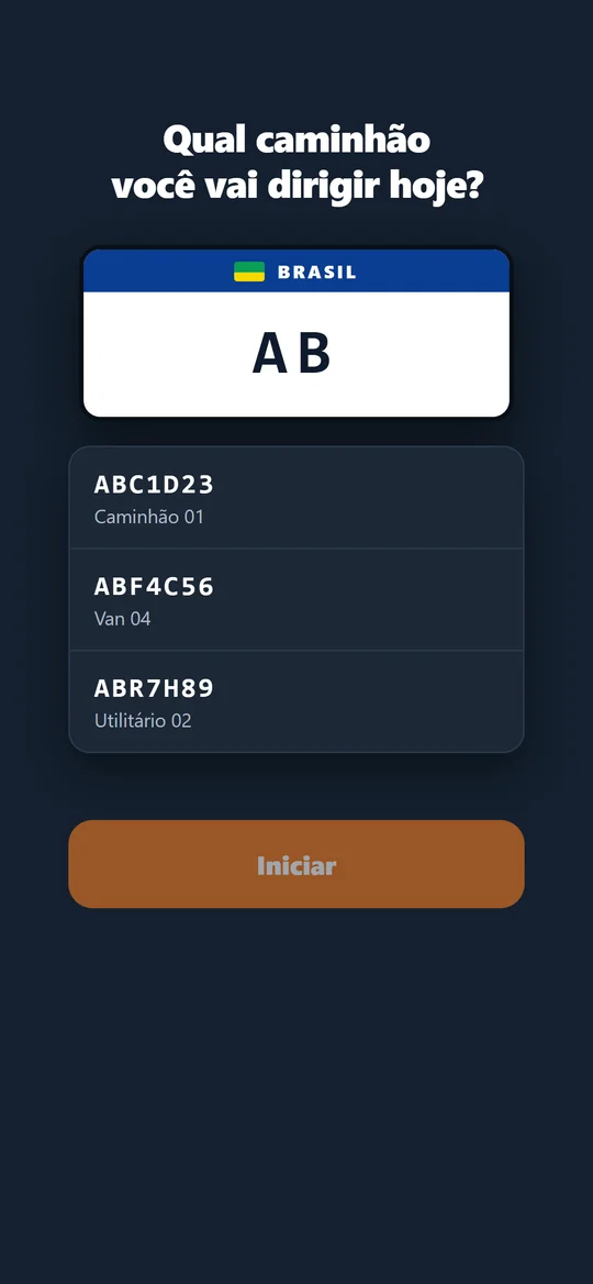 App do motorista: ele digita a placa e escolhe na lista qual veículo vai dirigir hoje