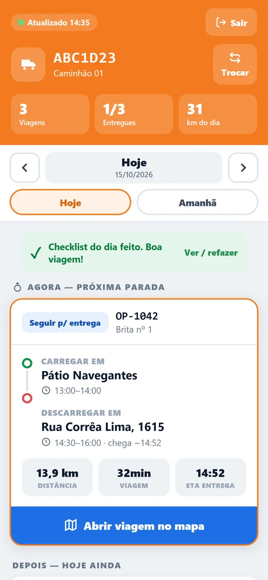 App do motorista: a próxima parada do dia, com onde carregar, onde descarregar, a distância e a hora prevista de chegada