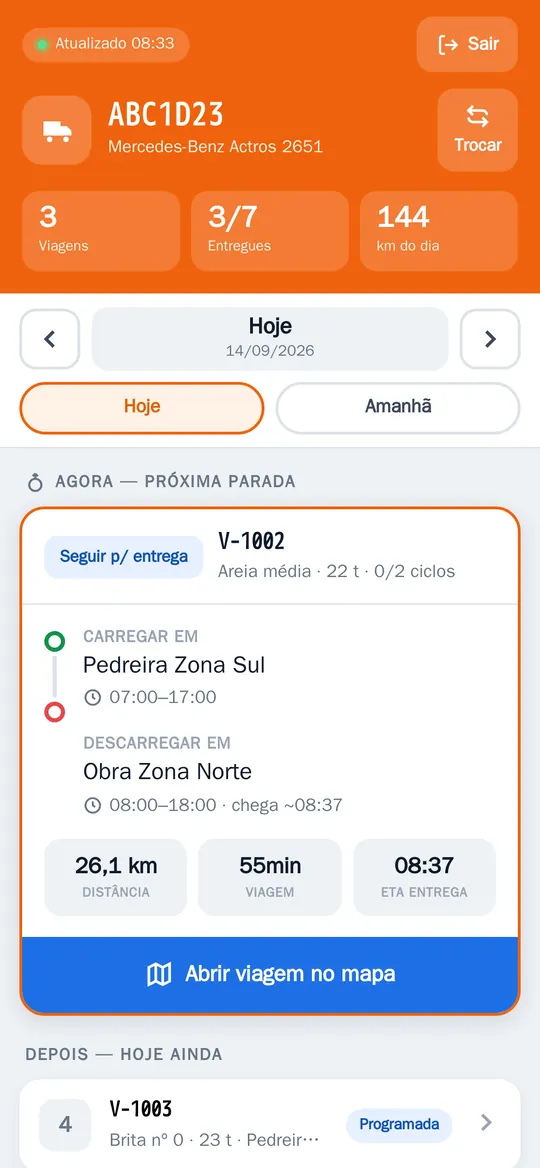 App do motorista: a viagem do dia, com onde carregar, onde descarregar, a distância e a hora prevista de chegada