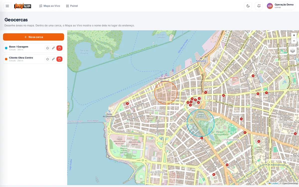 Áreas marcadas no mapa de Porto Alegre: a base da empresa e a obra de um cliente