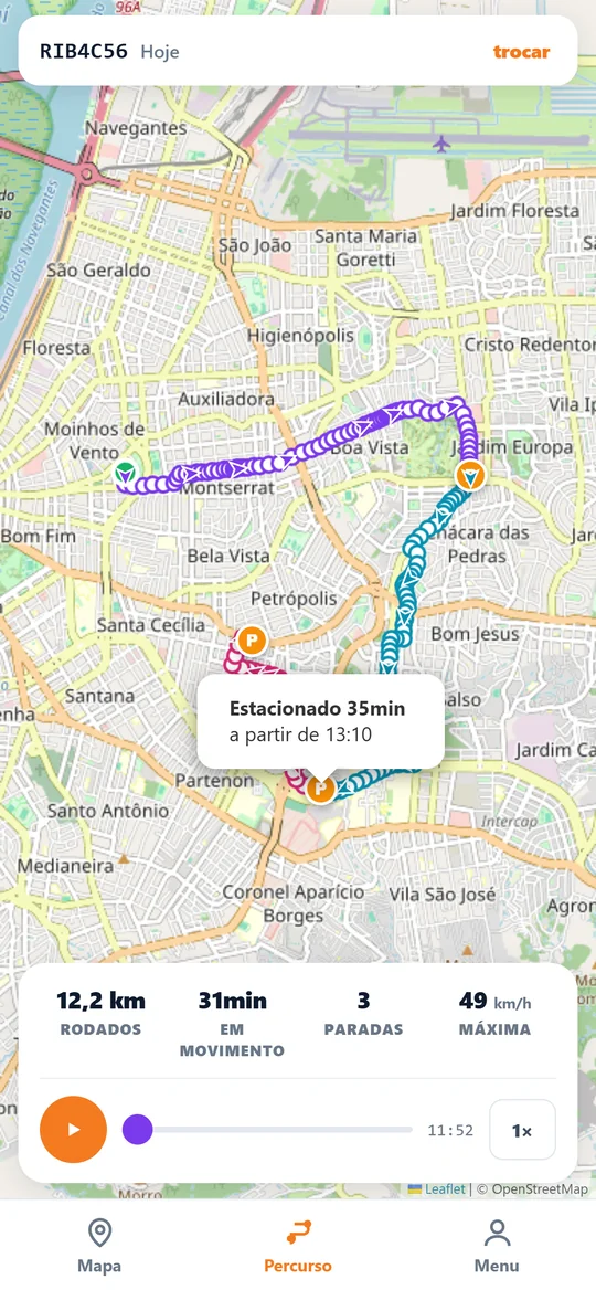 App do cliente: o caminho do dia pelas ruas, com as paradas, os quilômetros rodados e a velocidade máxima