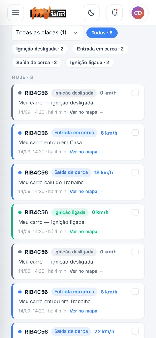 Lista de avisos do veículo: ligou, desligou, entrou e saiu de um lugar marcado, com dia e hora